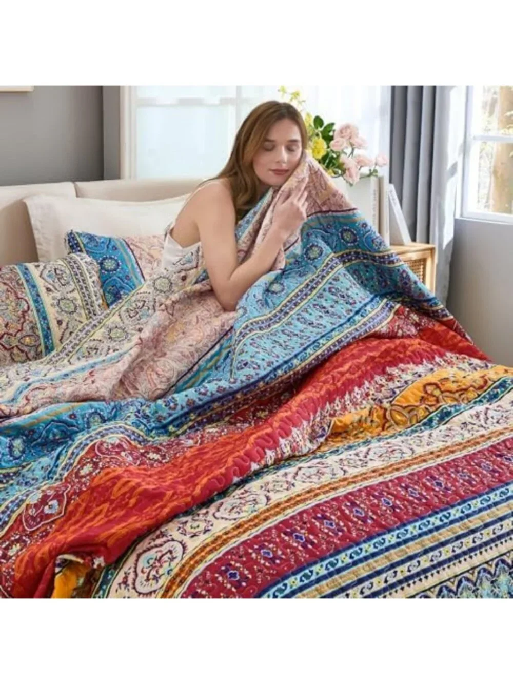 Boho King Size Quilt Set - 3 Piece Bedspread in Blue & Beige, Cozy Bedding